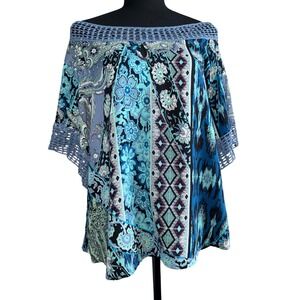 Unique Spectrum Crochet Sz S Blue Floral Artsy Top Peasant‎ Boho Workwear Beach